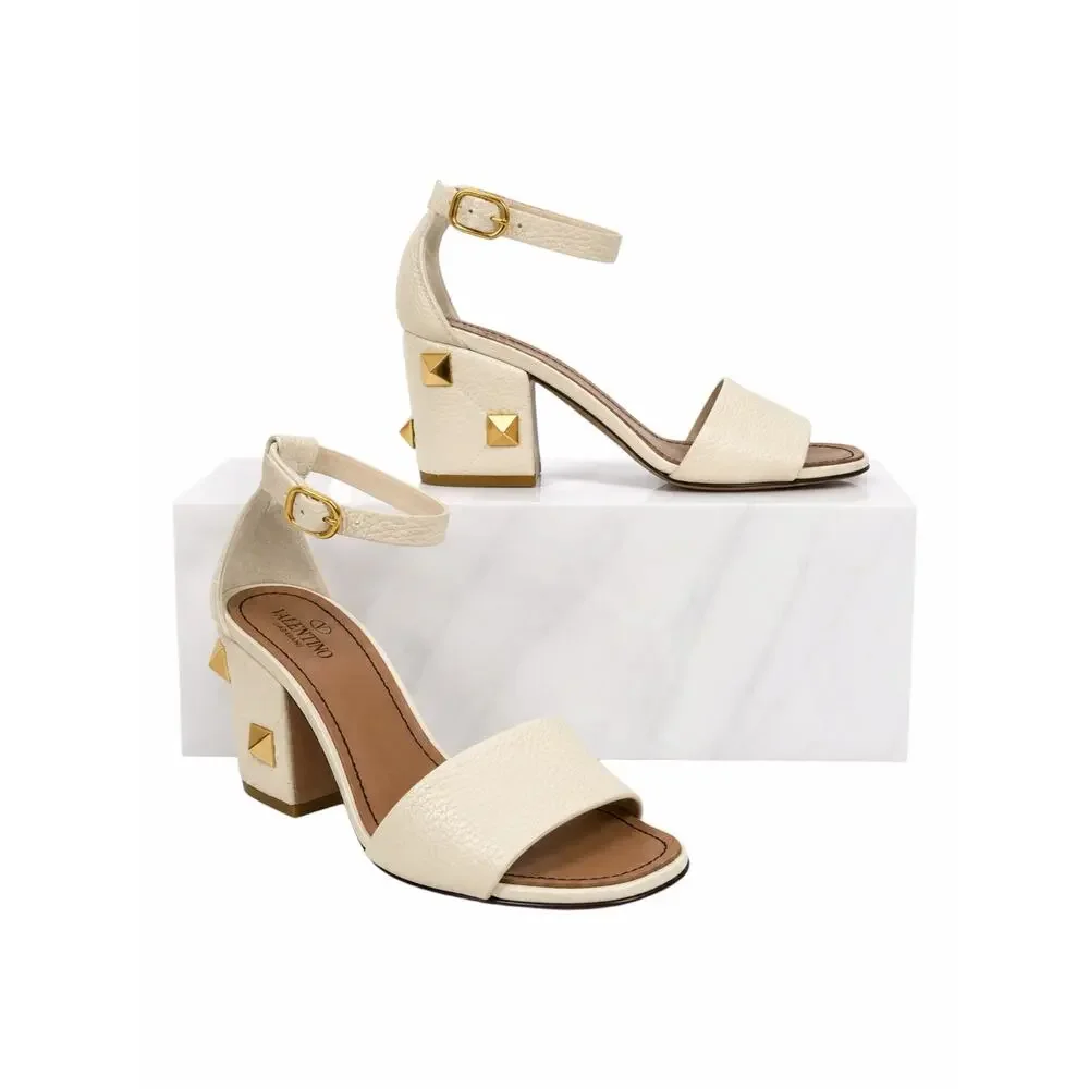 Valentino Garavani 75 Roman Stud Heel Leather Sandal Ivory Size 37.5